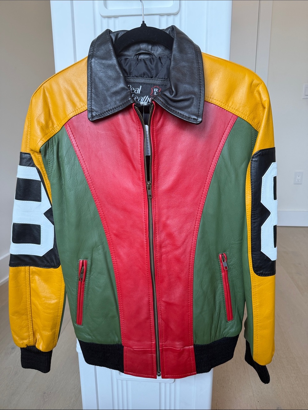 Vintage Multi-Color Leather Bomber Jacket - Red/Green/Yellow/Black
